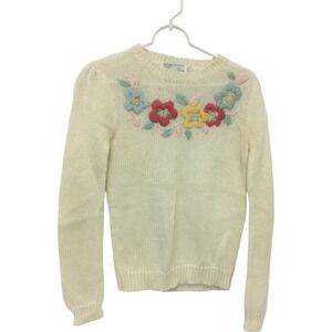 Vtg Long Sleeve Knit White Sweater Floral Embroidery JC Penney‎ Women's Small